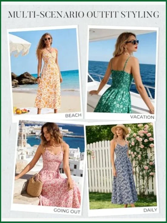 Floral Maxi Dress with Pockets, Spaghetti Strap, Wrinkle-Resistant Polyester - Picture 5 of 7